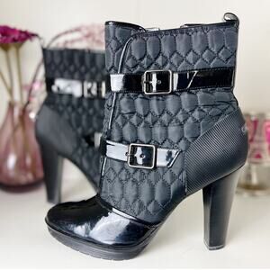 Calvin Klein Diamond Quilted Nylon Leather Trim Heeled Ankle Booties Black 8.5